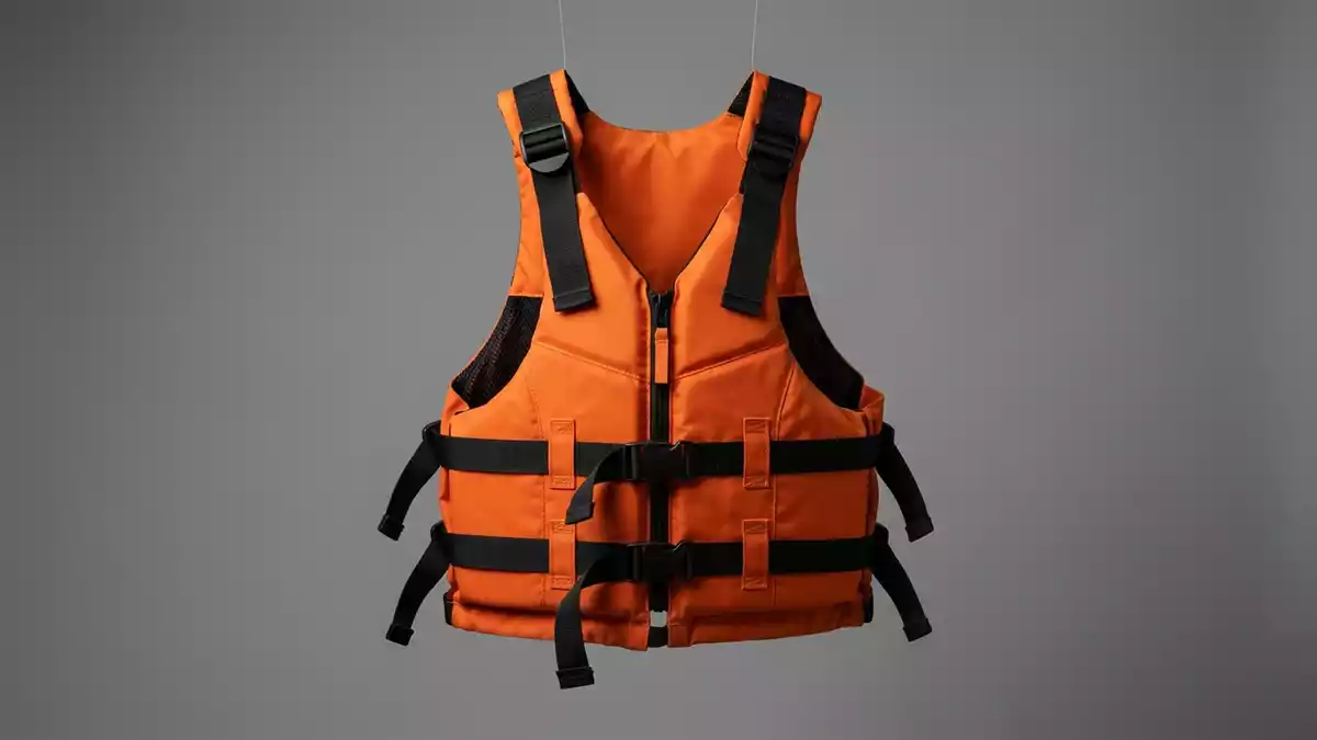 Fotorealistische Studioansicht von Schwimmweste in neutraler Produktdarstellung