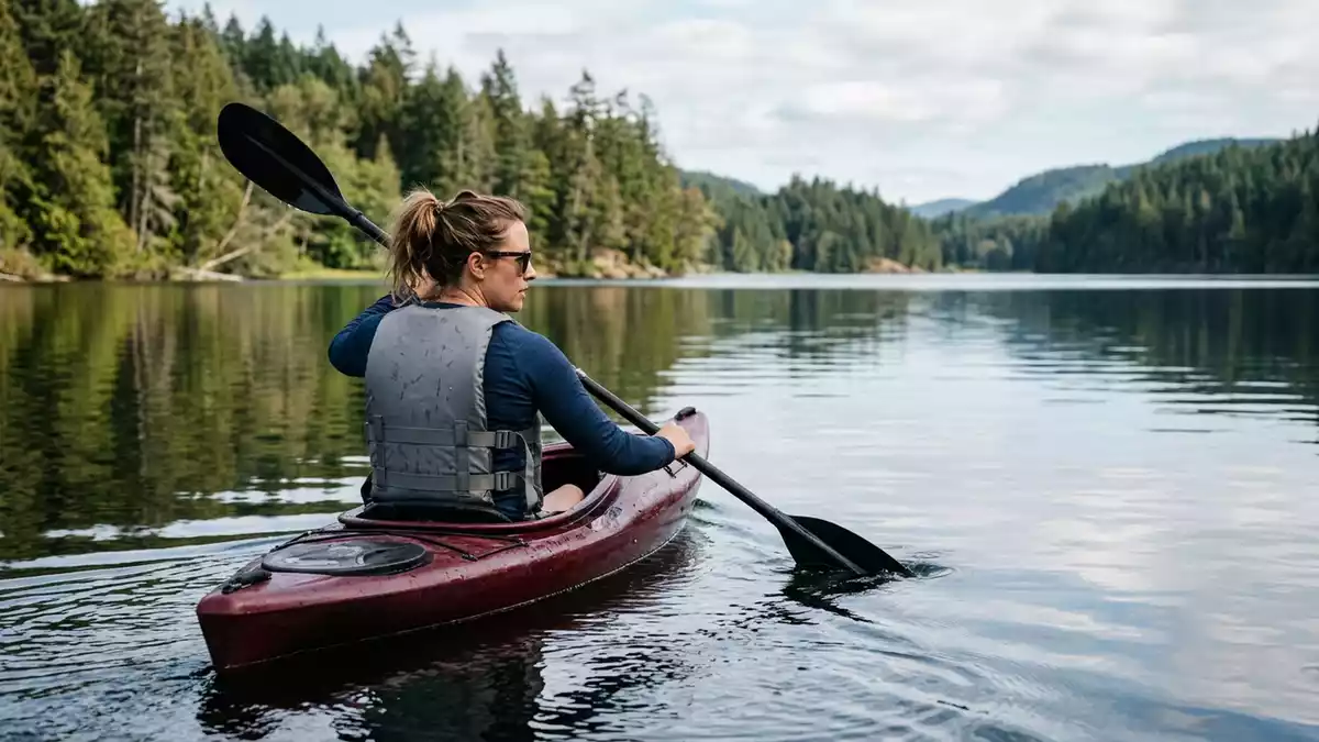 Fotorealistische Ansicht von Schwimmweste beim Kajakfahren in realer Umgebung, neutral