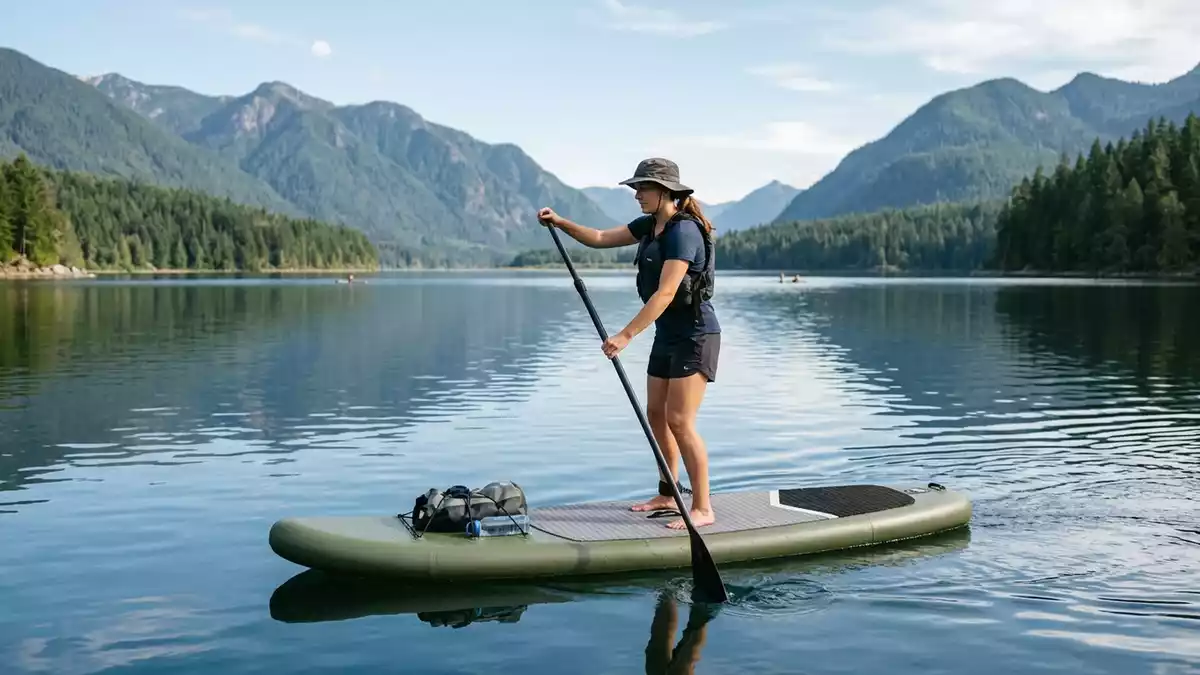 Fotorealistische Ansicht von Aufblasbares Stand-up-Paddleboard auf dem See in realer