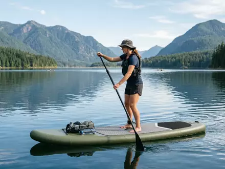 Fotorealistische Aufnahme von Aufblasbares Stand-up-Paddleboard auf dem See zum Thema Jobe Aero SUP Yarra - Foto: THN