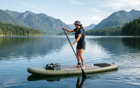 Fotorealistische Aufnahme von Aufblasbares Stand-up-Paddleboard auf dem See zum Thema Jobe Aero SUP Yarra - Foto: THN