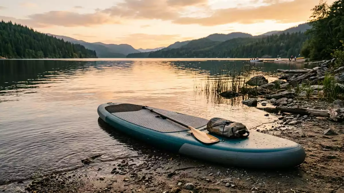Fotorealistische Ansicht von Aufblasbares Stand-up-Paddleboard am Ufer in warmem