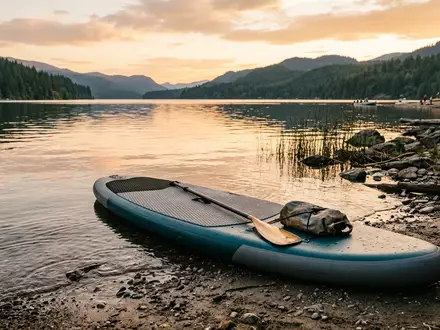 Fotorealistische Aufnahme von Aufblasbares Stand-up-Paddleboard am Ufer zum Thema Jobe Aero SUP Yarra, warmes Abendlicht - Foto: THN