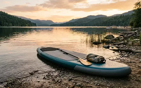 Fotorealistische Aufnahme von Aufblasbares Stand-up-Paddleboard am Ufer zum Thema Jobe Aero SUP Yarra, warmes Abendlicht - Foto: THN