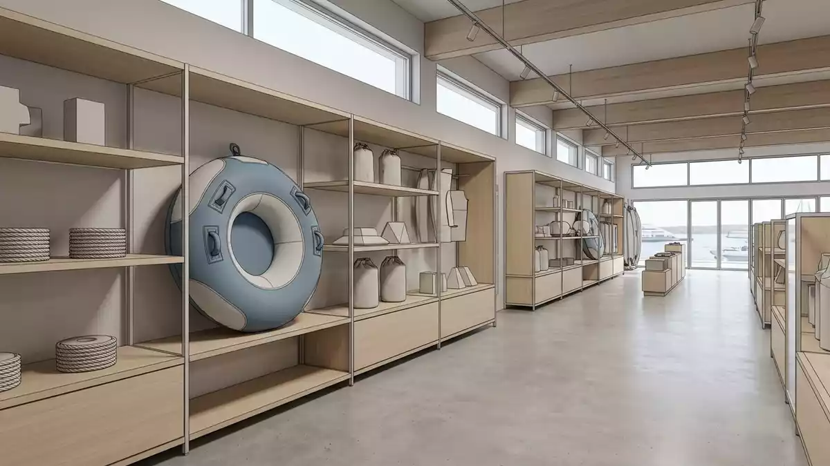 Architektur-Render im Wassersportfachgeschaeft mit Schleppreifen im Ausstellungsbereich