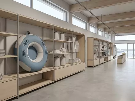 Architektur-Render im Wassersportfachgeschaeft mit Schleppreifen zum Thema Jobe Binar Towable Tube, neutrales Tageslicht - Foto: THN