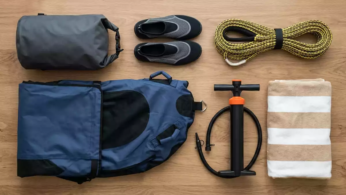 Flatlay-Arrangement rund um Schleppreifen mit passenden Requisiten von oben, neutral