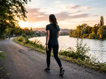 Fotorealistische Aufnahme von Fitness Smartwatch beim Spazieren zum Thema Polar Ignite 3 Fitness-Smartwatch, warmes Abendlicht - Foto: THN