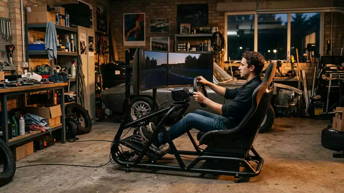 Fotorealistische Ansicht von Rennsimulator Sitz in der Garage in warmem Abendlicht