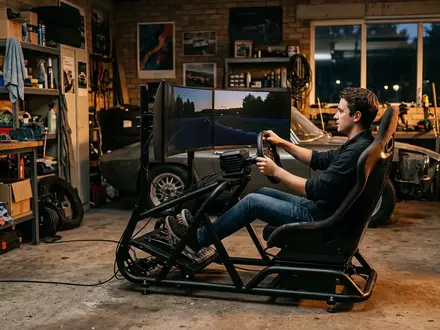 Fotorealistische Aufnahme von Rennsimulator Sitz in der Garage zum Thema Playseat Evolution Pro Racing - Foto: THN