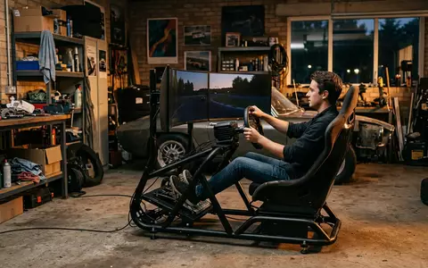 Fotorealistische Aufnahme von Rennsimulator Sitz in der Garage zum Thema Playseat Evolution Pro Racing - Foto: THN