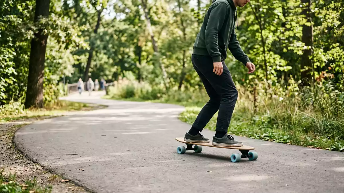 Fotorealistische Ansicht von Longboard im Park in realer Umgebung, sachlich dargestellt