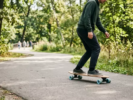 Fotorealistische Aufnahme von Longboard im Park zum Thema Playshion 39 Zoll Longboard, natuerliches Licht - Foto: THN
