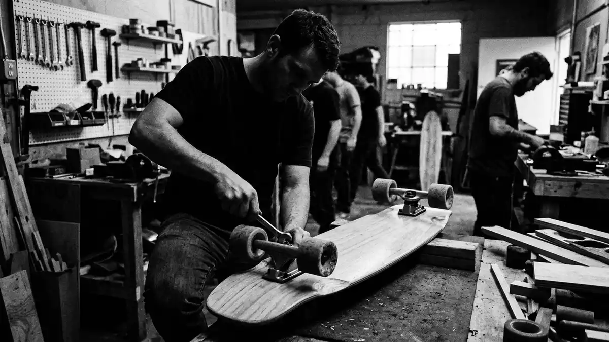 Schwarzweiss-Reportagebild mit Longboard in dokumentarischer Arbeitsumgebung, neutral