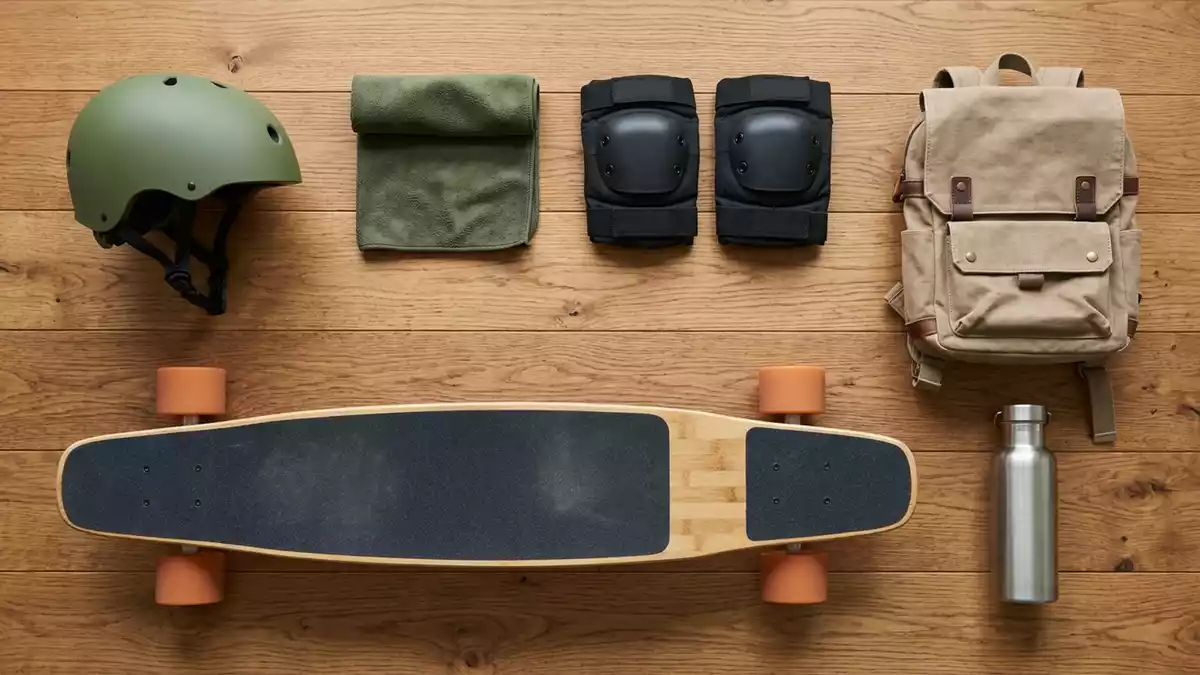 Flatlay-Arrangement rund um Longboard mit passenden Requisiten von oben, neutral