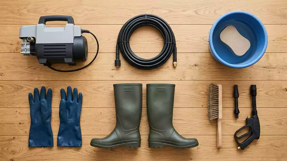 Flatlay-Arrangement rund um Hochdruckreiniger mit passenden Requisiten von oben