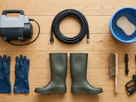 Flatlay-Arrangement rund um Hochdruckreiniger zum Thema Kärcher K 2 Compact, weiches Oberlicht - Foto: THN