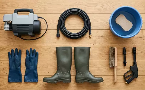 Flatlay-Arrangement rund um Hochdruckreiniger zum Thema Kärcher K 2 Compact, weiches Oberlicht - Foto: THN