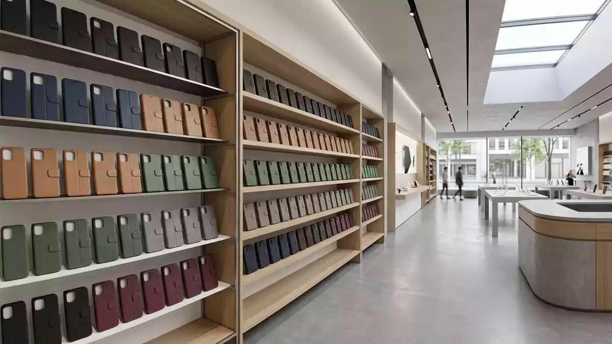 Architektur-Render im Zubehoerladen mit Klapphuelle im Ausstellungsbereich, neutral