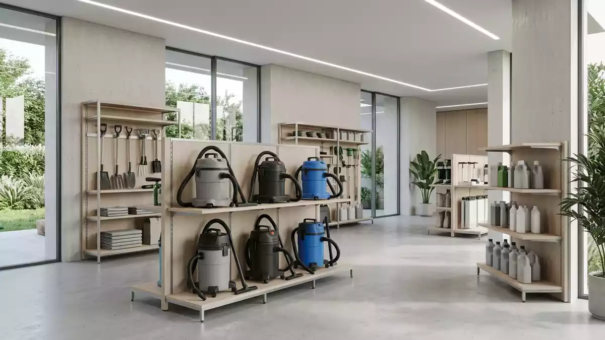 Architektur-Render im Baumarkt mit Nass Trockensauger im Ausstellungsbereich, neutral