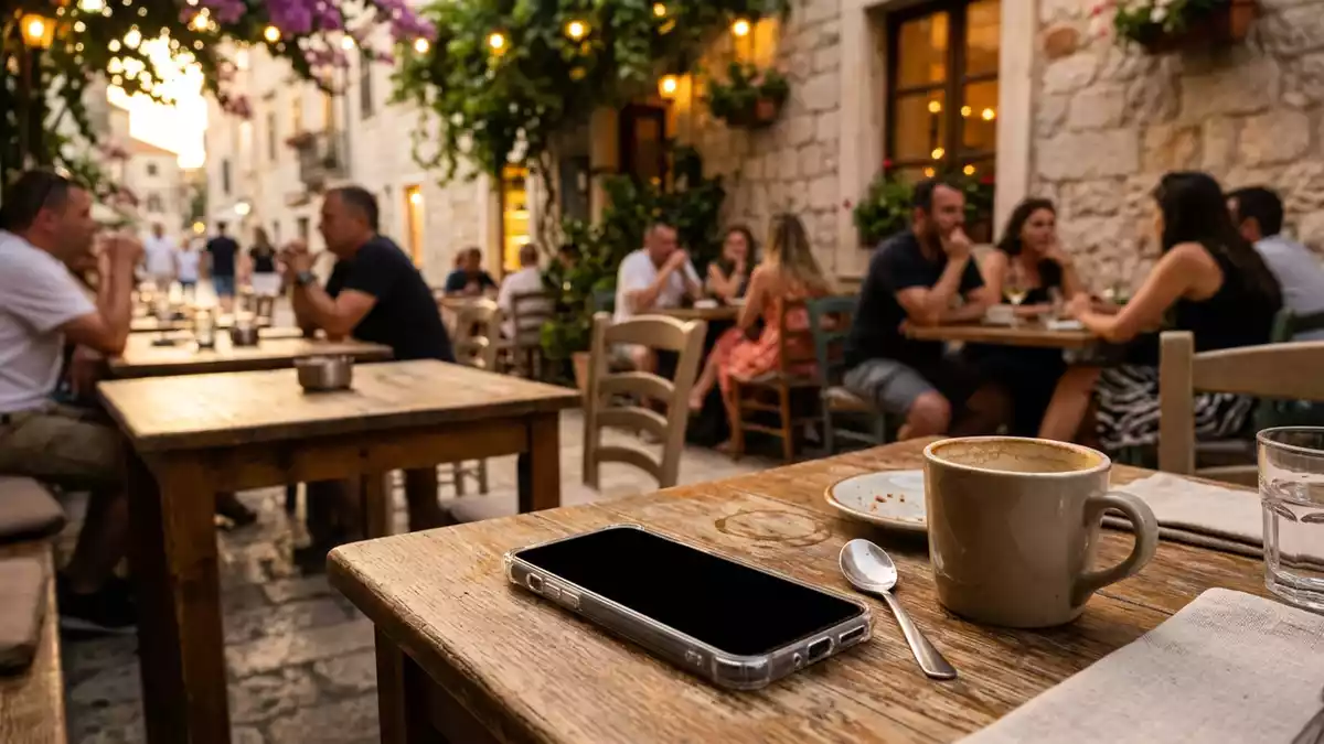 Fotorealistische Ansicht von Handyhuelle im Cafe in warmem Abendlicht, neutral