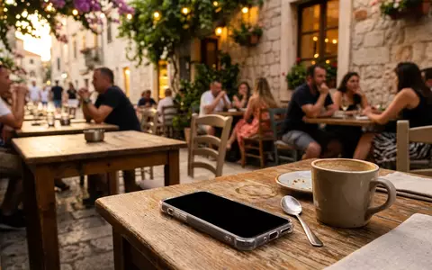 Fotorealistische Aufnahme von Handyhuelle im Cafe zum Thema kwmobile Hülle für Samsung, warmes Abendlicht - Foto: THN