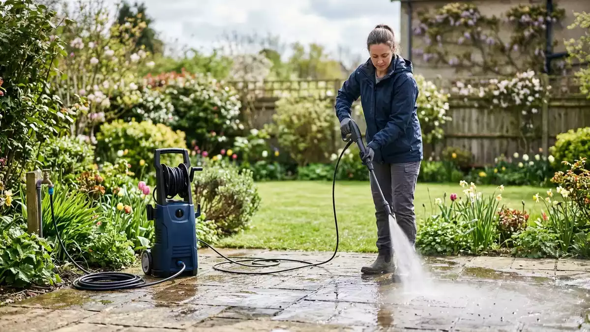 Fotorealistische Ansicht von Hochdruckreiniger im Garten in realer Umgebung, neutral