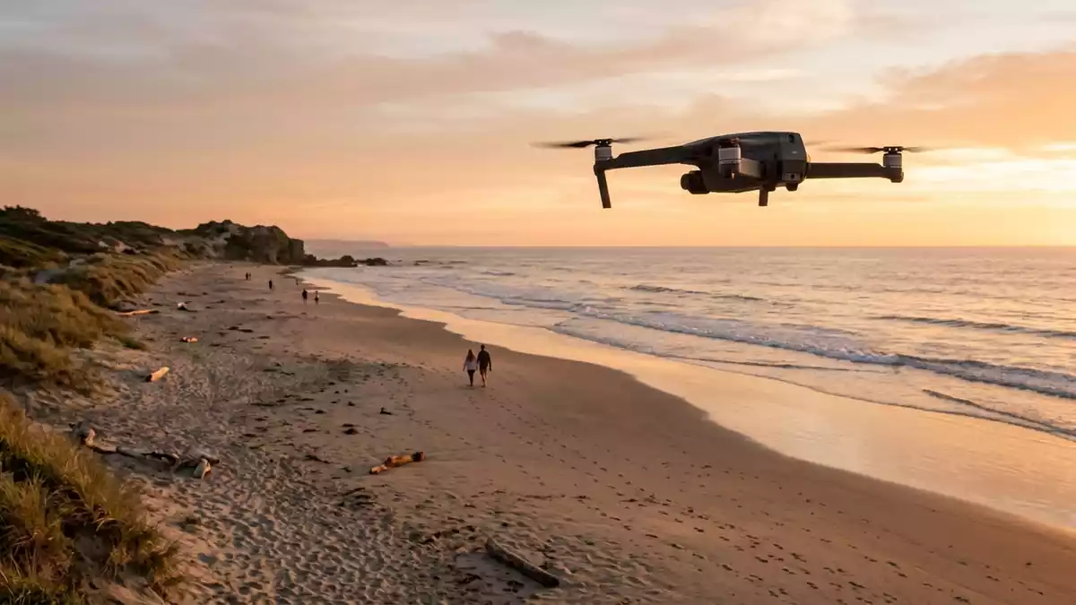 Fotorealistische Ansicht von Minidrohne ueber dem Strand in warmem Abendlicht, neutral