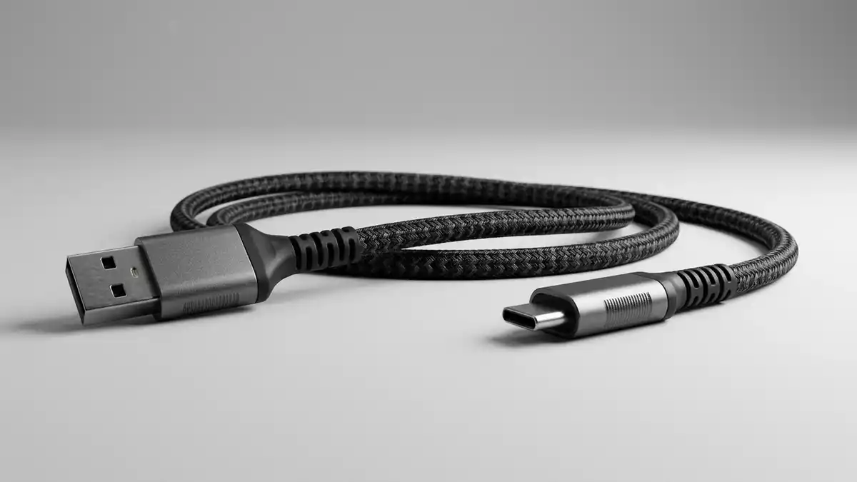 Fotorealistische Studioansicht von Ladekabel in neutraler Produktdarstellung, neutral