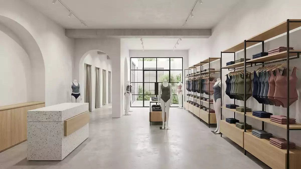 Architektur-Render im Bademode Boutique mit Tankini im Ausstellungsbereich, neutral