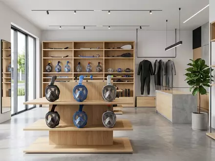 Architektur-Render im Tauchgeschaeft mit Schnorchelmaske zum Thema Subea Easybreath 500 Surface, neutrales Tageslicht - Foto: THN