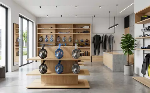 Architektur-Render im Tauchgeschaeft mit Schnorchelmaske zum Thema Subea Easybreath 500 Surface, neutrales Tageslicht - Foto: THN