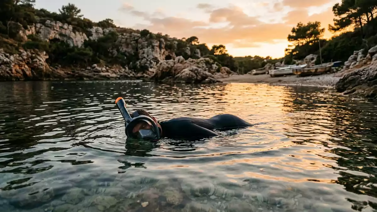 Fotorealistische Ansicht von Schnorchelmaske in der Bucht in warmem Abendlicht