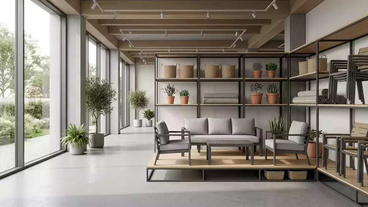 Architektur-Render im Gartenmoebelladen mit Gartenmoebelset im Ausstellungsbereich