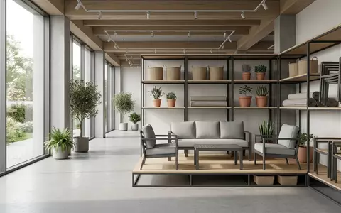 Architektur-Render im Gartenmoebelladen mit Gartenmoebelset zum Thema Stern Gartenmöbel Set Aluminium, neutrales Tageslicht - Foto: THN