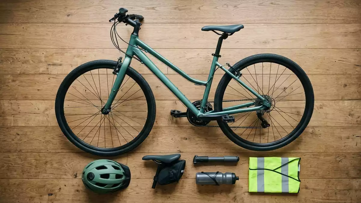 Flatlay-Arrangement rund um Trekkingrad mit passenden Requisiten von oben, neutral