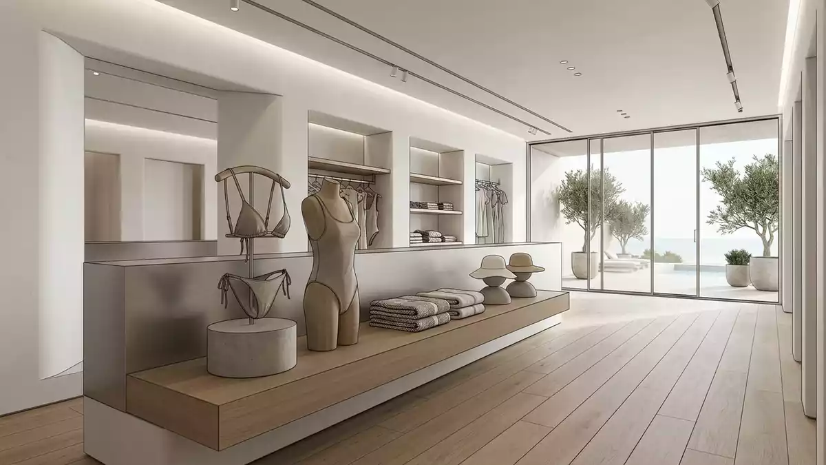 Architektur-Render im Badebekleidungsgeschaeft mit Bikini-Set im Ausstellungsbereich