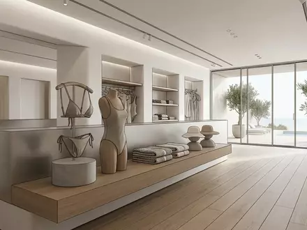Architektur-Render im Badebekleidungsgeschaeft mit Bikini-Set zum Thema Calvin Klein Damen Bikini-Set, neutrales Tageslicht - Foto: THN