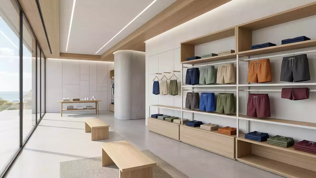 Architektur-Render im Badebekleidungsgeschaeft mit Badehose im Ausstellungsbereich