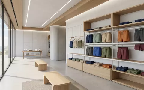 Architektur-Render im Badebekleidungsgeschaeft mit Badehose zum Thema Calvin Klein Herren Badehose, neutrales Tageslicht - Foto: THN