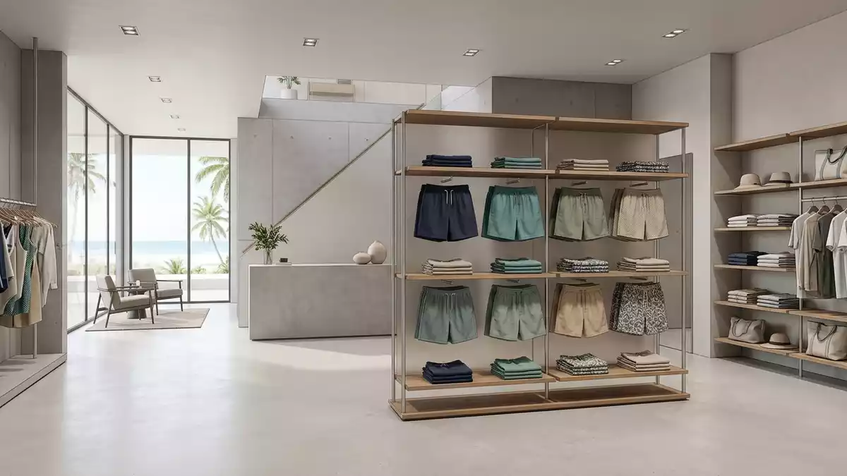 Architektur-Render im Badebekleidungsgeschaeft mit Badeshorts im Ausstellungsbereich
