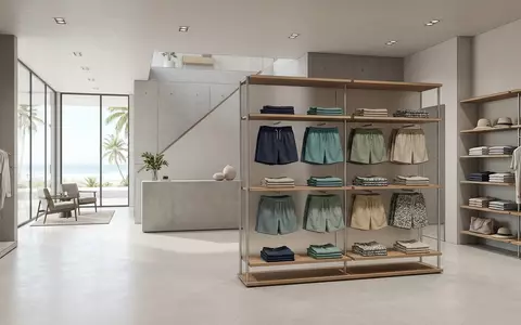Architektur-Render im Badebekleidungsgeschaeft mit Badeshorts zum Thema Calvin Klein Herren Badeshorts, neutrales Tageslicht - Foto: THN