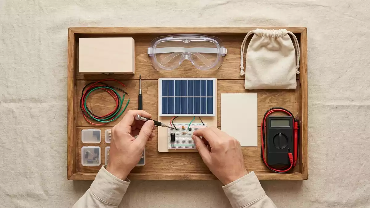 Flatlay-Arrangement rund um Solarbausatz mit passenden Requisiten von oben, neutral