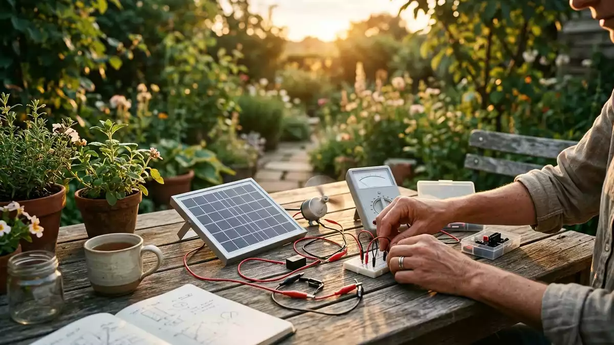 Fotorealistische Ansicht von Solarbausatz im Garten in warmem Abendlicht, neutral