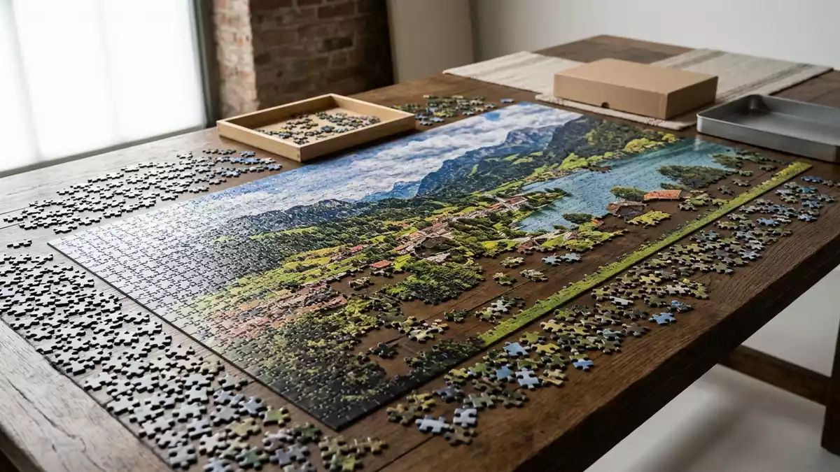 Fotorealistische Studioansicht von Puzzle in neutraler Produktdarstellung, neutral