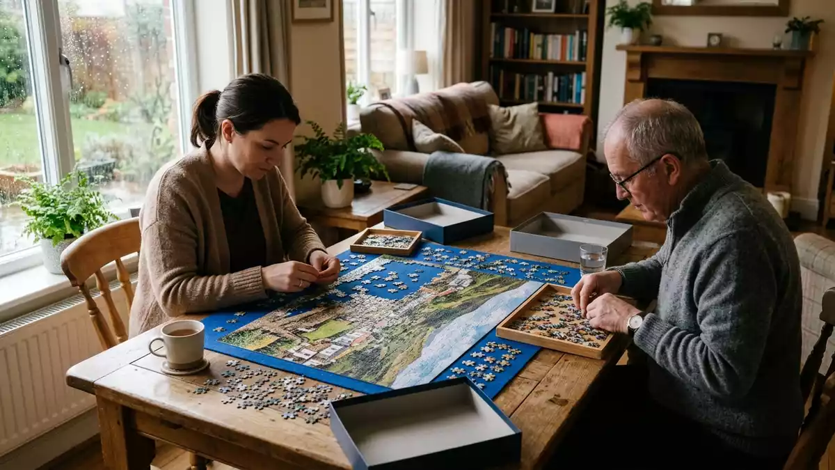 Fotorealistische Ansicht von Puzzle im Wohnzimmer in realer Umgebung, neutral