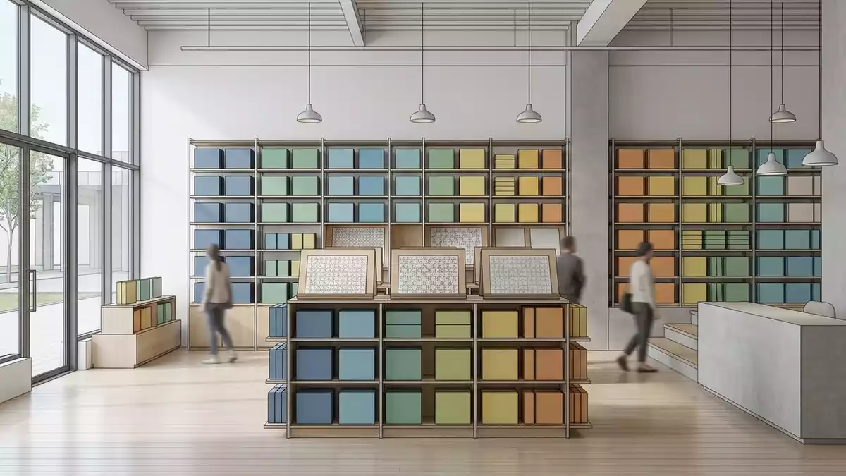 Architektur-Render im Spielwarengeschaeft mit Puzzle im Ausstellungsbereich, neutral