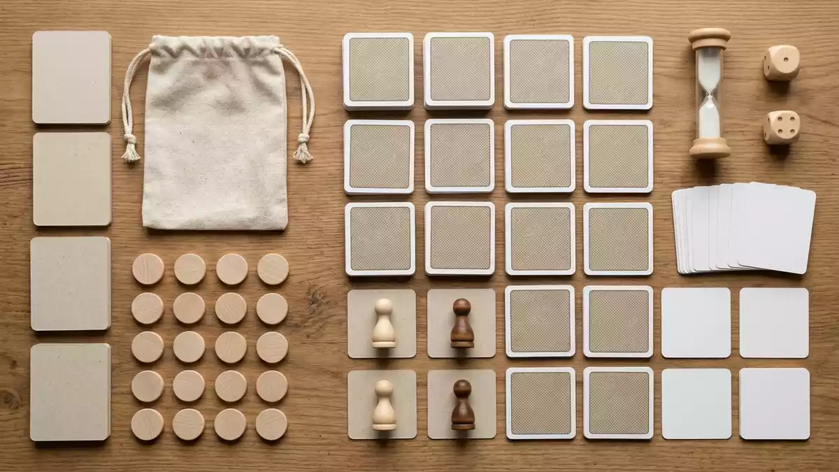 Flatlay-Arrangement rund um Kartenspiel mit passenden Requisiten von oben, neutral