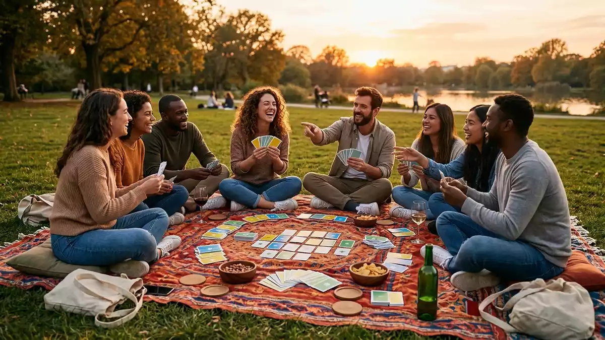 Fotorealistische Ansicht von Kartenspiel beim Picknick in warmem Abendlicht, neutral