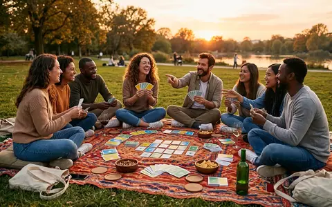 Fotorealistische Aufnahme von Kartenspiel beim Picknick zum Thema Codenames, warmes Abendlicht, sachlich dargestellt - Foto: THN